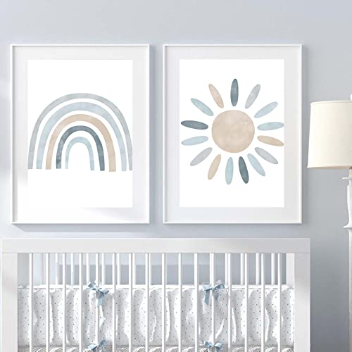 Nursery Wall Prints Blue Sunshine Rainbow Cloud Canvas Wall Art, Child Wall Art Poster Boho Nordic Wall Pictures For Boys Baby Kids Room Decor, Set Of 3 Cute Cartoon Prints Boys Room Wall Decor Unframed #TOP5