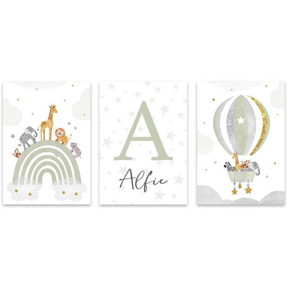 3 Laminas Animales Infantil Arco Iris Globo Aerostático Poster Nombre Bebe Boho Verde 30 x 40 León Jirafa Elefante Cuadro Personalizado Niño Niña Decoración Pared Regalo sin Marco (YHH018-30x40cm)