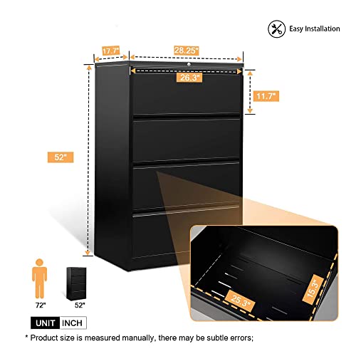Aobabo 4 Drawer Lateral File Cabinet,Office Filing Cabinet With Lock,Metal Files Cabinet For Office,52'' Office File Cabinets With 4 Drawers,Black,Assembly Required #TOP2