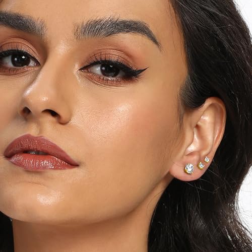 MDFUN 5 Pairs Stud Earrings Sets 3-7MM 18K Gold Plated Round/Cushion/Asscher/Emerald Cut Cubic Zirconia Earring Hypoallergenic Stud Earrings for Women Men2