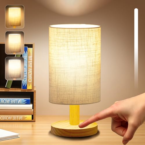 pickrelax Small Touch Table Lamp for Bedroom, Portable LED Desk Lamps, 3 Color Stepless Dimming Up, Wood Base Round Flaxen Fabric Shade for Kids Room, Living Room, College Dorm, Home, Office