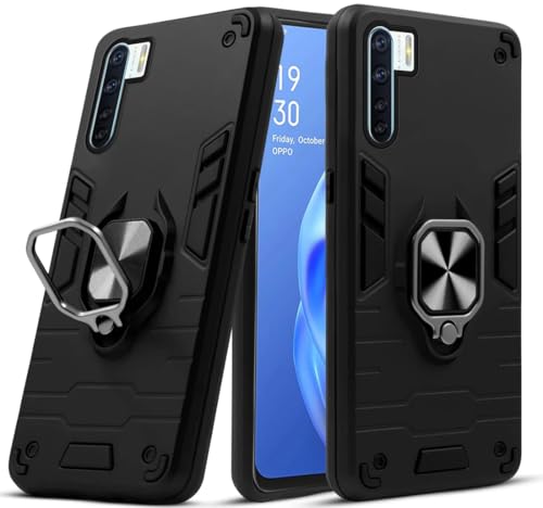 Image of JANAK RAJ Ringstand Armor Bumper Back Case Cover Compatible with Oppo F15 / A91 / Reno 3 | Tough Rugged Shockproof PC+TPU Kickstand 360 Protective Design - Black