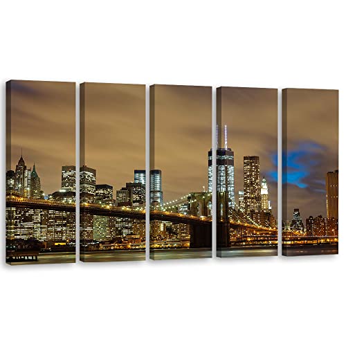 Feeby 5 pièces Impression sur Toile Intissé 100x40 cm Pont de Brooklyn NY USA Image décoration Murale Design Chambre d'enfant New York City Manhattan by...