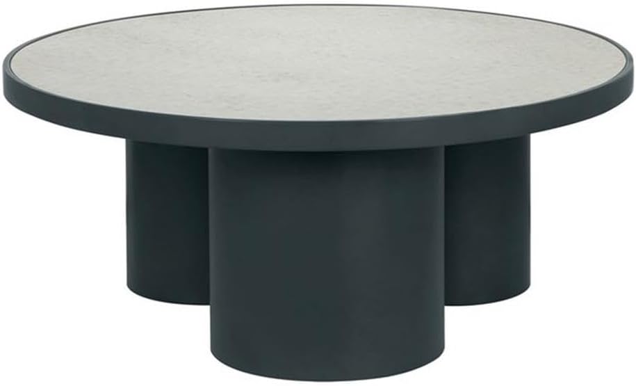 Pemberly Row Contemporary Mirrored Coffee Table, Antique Silver Top, Matte Black Metal Frame, Glass and MDF Construction, Round Design, Statement Furniture for Living Room or Home Decor