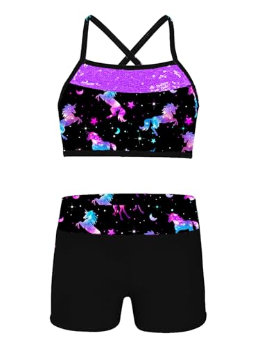 Yhong Girls Sparkle Gymnastics Tracksuit Sports Crop Top with Booty Shorts Swimwear 2 Pcs Set Dark Night Black 4 Years