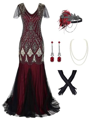 Image of 869A - Plus Size 1920s Vintage Fringed Gatsby Sequin Dimand Tassels Flapper Party Cocktail Dress with Accessories