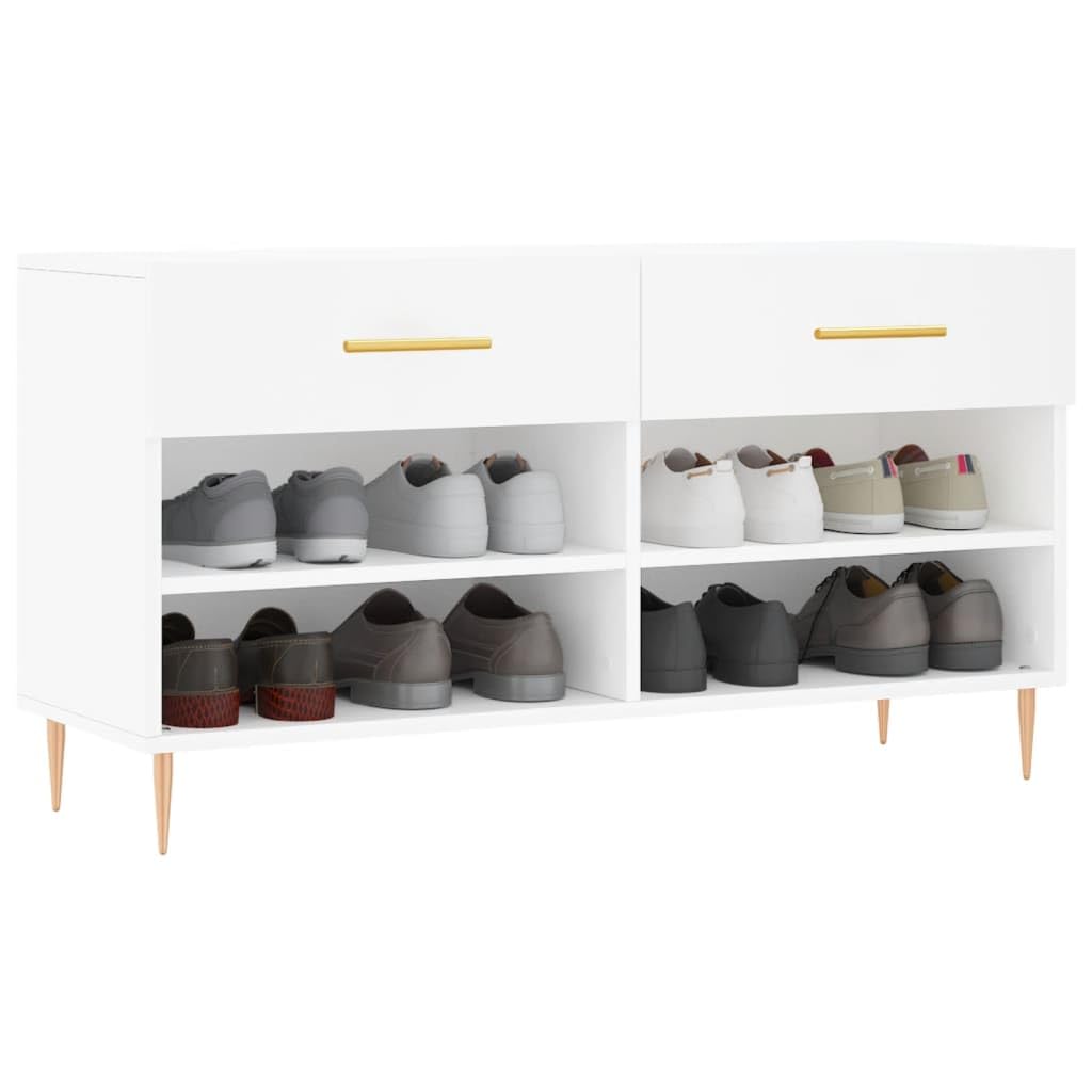 Banc a Chaussures Blanc Bois Composite 102x35x55 cm 2 Tiroirs 4 Etageres
