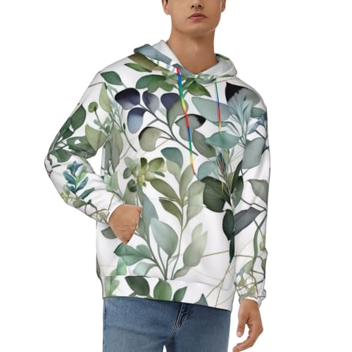 Mens Hoodie Pullover Casual Long Sleeve Drawstring Top Green Eucalyptus Leaves Print Hooded Sweatshirt With Pocket