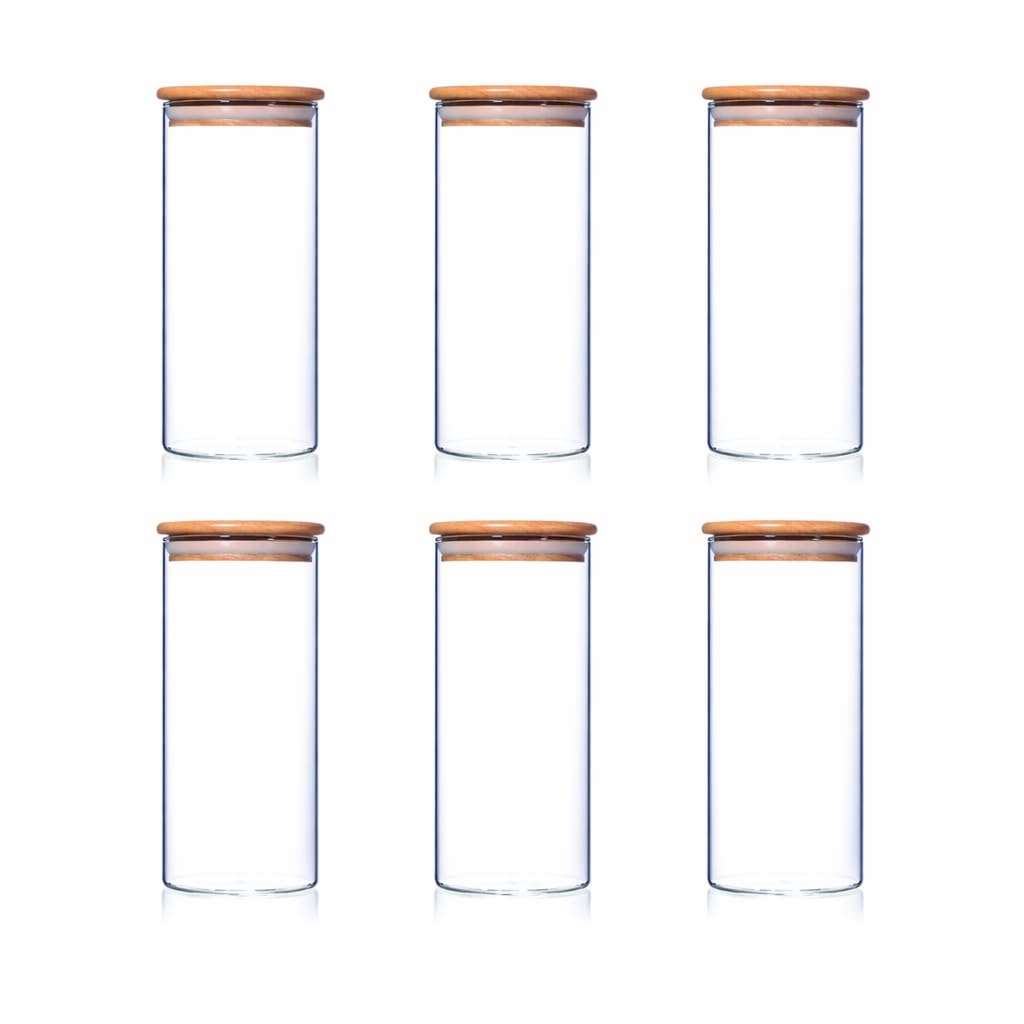 Print Maniacs Airtight Glass Storage Jars with Bamboo Lids Kitchen Pantry Containers for Coffee Sugar Tea Pasta Rice Flour Food Storage Clear Glass Canisters Multiple Sizes Sets