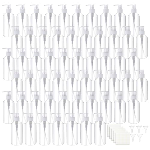 57 Pcs Pump Bottle Set 8 oz/250 ml Refillable Plastic Lotion Dispenser for Shampoo, Conditioner, Hand Soap, Body Wash, Clear Empty Bottles with Pumps, Bulk with 5 Funnels and 5 Labels