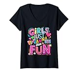 Damen Lustige Mädchen Just Wanna Have Fun Awesome 70er 80er 90er 1980er Jahre T-Shirt mit V-Ausschnitt