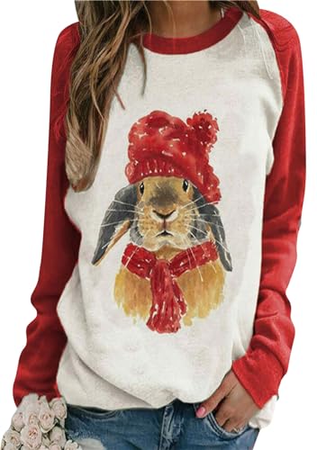 Image of Women's Easter Basic Sweatshirt Crew Neck Long Sleeve Sweatshirt Casual Loose Sweatshirt with Rabbit Print