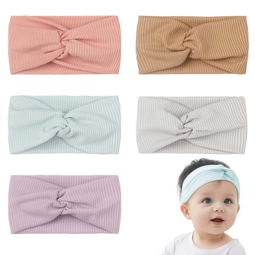 Fasce per capelli bambini elastiche regolabili – Set 5 pezzi fasce turbante morbide in tinta unita – Colori carne, caffè, blu, grigio, viola – Accessori capelli bimba per uso quotidiano e ce