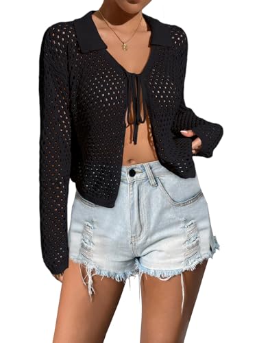 Image of Womens Tie Front Crochet Cardigan Sweaters Lightweight Hollow Out Beach Cover Up Long Sleeve Collared Summer Shrug