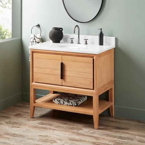 Signature Hardware 955226-36-um Aliso 36" Console Teak Single Basin Vanity Set with Cabinet, Vanity Top, and Oval Undermount Sink - 8" Faucet Holes - Natural Teak/Carrara