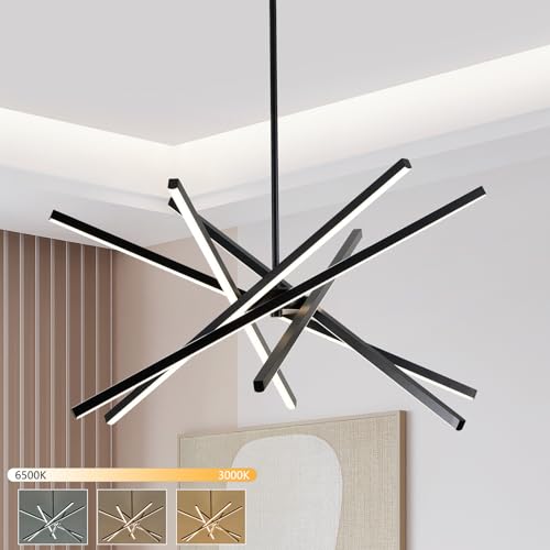 HOGBU Modern Black Chandelier Light Fixtures - LED 6-Lights Dining Room Linear Chandeliers Sputnik Pendant Lights Fixture Over Table 3000K 4500K 6000K Dimmable for Kitchen Island Living Room