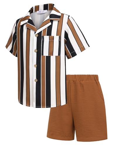 Image of Arshiner Boys 2 Pieces Summer Beach Outfits Short Sleeve Button Down Shirts and Shorts Vacation Texture Sets for Kids