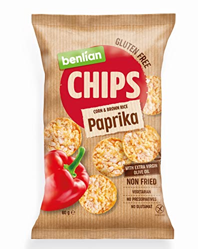 Benlian Gluten Free Chips Corn & Brown Rice Paprika 60g | With Extra Virgin Olive Oil Non Fried Vegetarian No Preservatives Glutamat