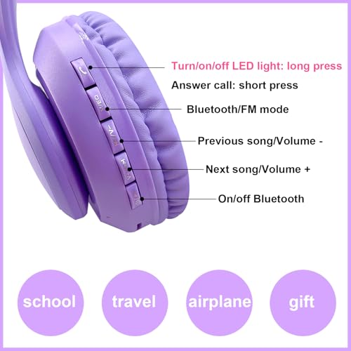 Image of Kids Wireless Headphones LED Light up Cat Bluetooth Headphones, Color Changing Cat Ear Wireless Headsets with Microphone for Kids /Girls /School /Christmas (Purple Pro)