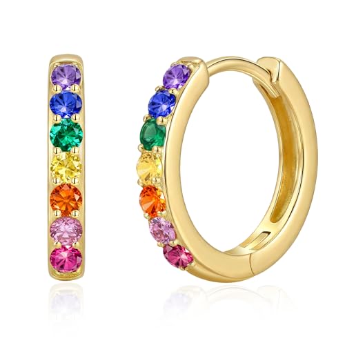 Regenbogen Ohrringe Creolen Kinder Silber 925 Mädchen Kleine Creolen Damen mit Bunten Zirkonia-Steinen (Vergoldet 12 mm)