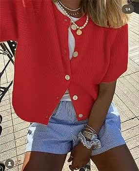 Image of Sumleno Womens Ribbed Knit Cardigan Y2k Crop Top Short Sleeve Button Down Open Front Sweater Loose Casual Cardigan
