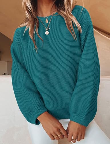 Image of ZESICA Women's Crew Neck Long Lantern Sleeve Fall 2026 Casual Loose Ribbed Knit Solid Soft Pullover Sweater Tops