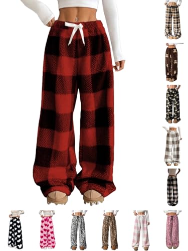 Pajama Pants for Women Flannel Leopard Print Plaid Heart Pattern Lounge Pants Y2K Fluffy Soft Warm Winter Pajama Pants with Pockets and Adjustable Drawstring-image-44