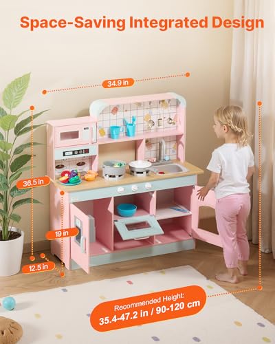 Image of VEVOR Wooden Play Kitchen Toy, Play Kitchen for Kids with Lights and Sounds, Toddler Kitchen with Ice Maker, Oven, Sink, Microwaves, Fridge and Utensil and Fruit Accessory for Toddlers, Pink