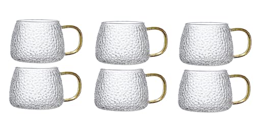 Matissa 6 pcs Glass Coffee Mugs 400ml/13.5oz. Clear Textured Glass Coffee Cups with Handle Heath Cold Resistance Cups Luxury Thick Embossed