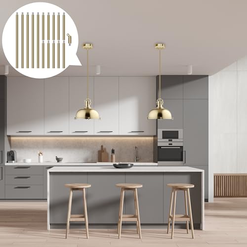 Image of M10 Threaded Extension Poles, 5 PCS 12-inch & 10 PCS 6-inch Lighting Fixture Downrods Stems & 180 Degrees Sloped Ceiling Adapter Kits for Pendant Light, Island Lighting, Chandeliers (Brass)