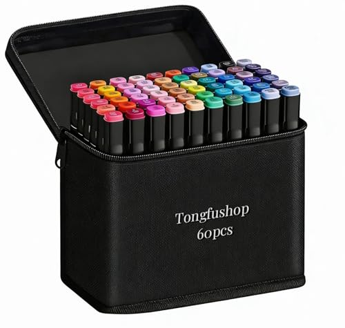 Tongfushop 60 Colours Marking Pens, Fine Tip Marker Set, Quick-Drying Colouring Markers, Permanent Painting Brushes for Artists, Designers & Cartoonists