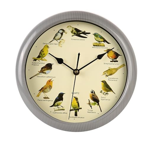 RynoPulse Orologio da parete con uccello canto da 25,4 cm, sveglia AM personalizzabile, design in vetro con venature del legno, per casa/giardino/esterno/interno/cucina (grigio)