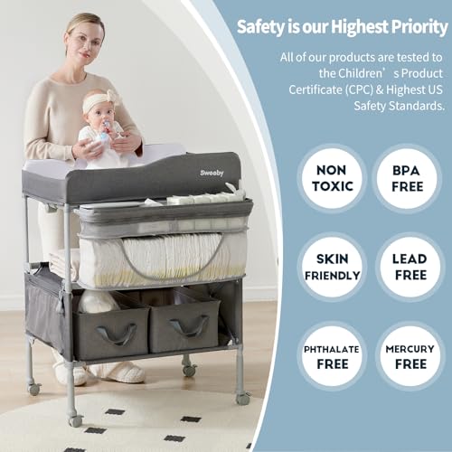 Image of Sweeby Portable Baby Changing Table, Foldable Changing Table Dresser Changing Station for Infant, Waterproof Diaper Changing Table Pad Topper, Mobile Nursery Organizer for Newborn Essentials,Darkgrey