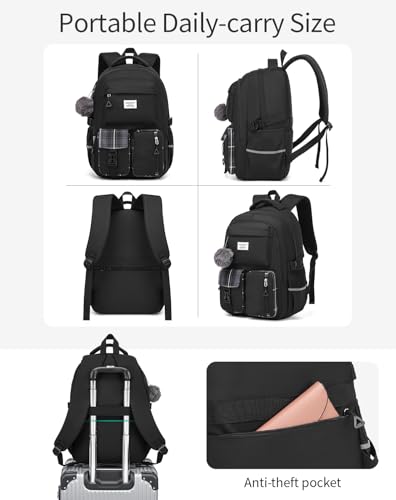 Image of School Backpack for Teen Girls, Big Student Laptop Backpack Aesthetic Bookbags for College Women Elementary Middle High School Travel Mochilas Escolares, Black