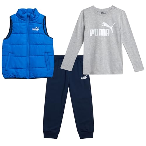 La mejor comparación de Conjuntos para Niño los mejores 5. 44 PUMA - Conjunto de pantalones para niños pequeños, 3 piezas, camisa de manga larga para niños y niños (tamaños: 2T-7), combo azul, 2 Años
