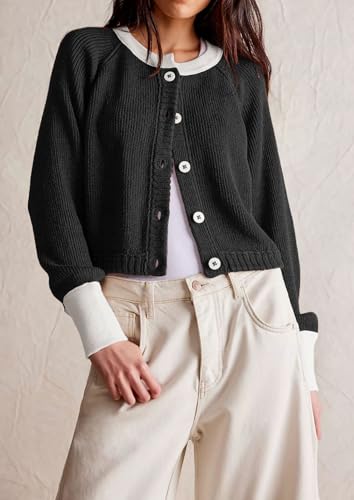 Image of loveimgs Women Knitted Button Down Cropped Cardigan Jacket Sweater Y2k Fall Knit Color Block Sweater Crewneck Crop Short Coat