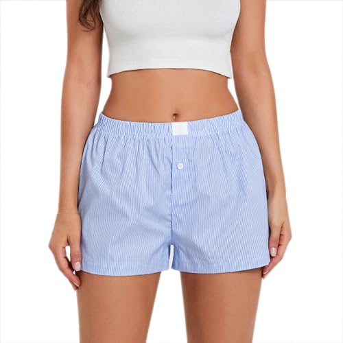 Image of Women Y2k Gingham Boxer Shorts Plaid Striped Cute Mini Bloomers Elastic Waist Loose Fit Summer Shorts