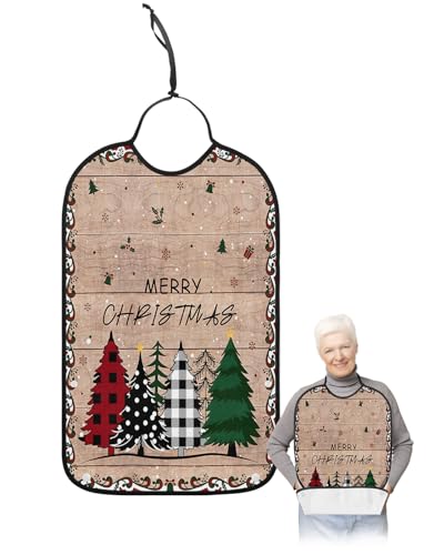 Kewadony Adult Bibs for Elderly Women - Christmas Tree Waterproof Dining Clothing Protectors with Crumb Catcher for Eating/Feeding, Vintage Xmas Tree Winter Snowflake Terry Cloth Bib Machine Washable
