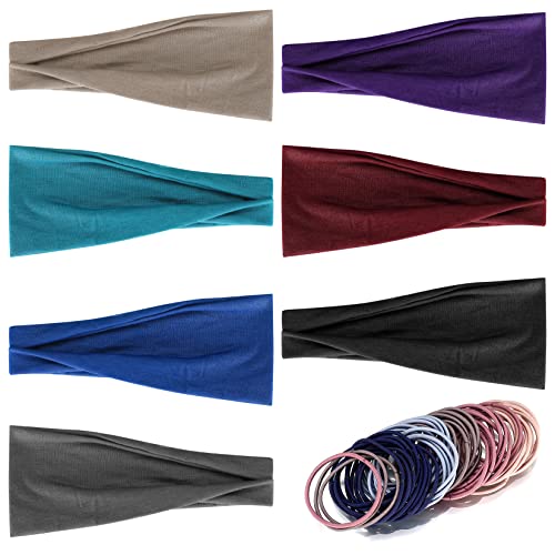 Stirnbänder für Damen - 7 Stück Sport Stirnband Elastisch Haarbänder Breit Haarreife für Yoga Workout Laufen Wandern Make-up (Farbe 7) mit 50 Stück Haarband Haargummis Cover