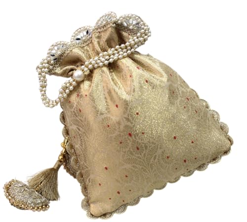 Image of MILAN'S CREATION Pure Banarasi Potli Silk Brocade Bag Purse Drawstring Women's handbag with Pearl Handle & Tassel Weddings