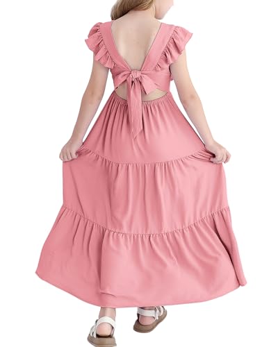 Girls Summer Dresses Tween Tie Back Ruffle Sleeve Kids Swing Flowy Casual Beach Maxi Dress