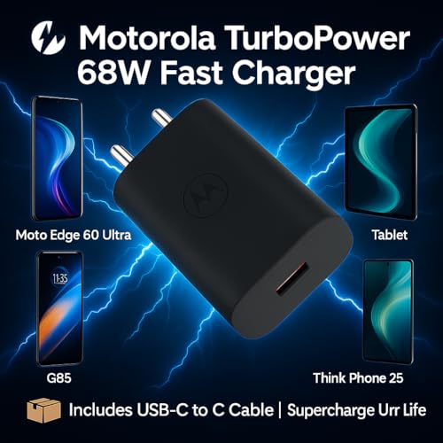 Image of Motorola 68W Turbo Charger with 3.3 Ft Type C Cable for Motorola Edge 30 /30 Fusion /30 Pro /40 /40 Neo /G40 Fusion /50 /50 Ultra /50 Pro /50 Neo /50 Fusion /Moto G82 /G84 /G45 & Other USB C 68Watt Adapter, Black