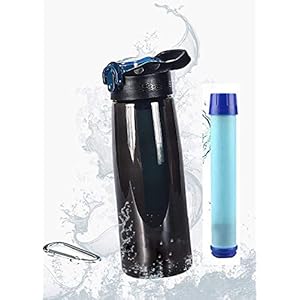 Qunlei Waterfilterfles, Noodwaterreiniger met 2-traps geïntegreerd filterstro voor reizen, kamperen, wandelen, backpacken, BPA-vrij, 22 Ounce
