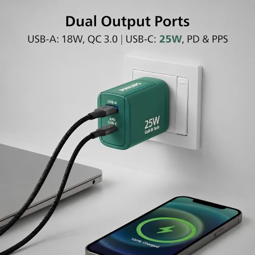 Image of Philips DLP4321NC /94 Gen III Tech 25W Fast Charging Wall Charger (Deep Cyan) | USB-C PD + USB-A | 2-Port Multi-Device Charger for Smartphone, Tablet, Earbuds & Accessories | Compact Travel Adapter