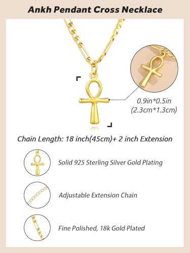 Dainty 925 Sterling Silver Gold Ankh Necklace for Women Men 18k Gold Plated Ankh Pendant Cross Necklace for Women Men with 3.6mm Flat Figaro Chain Necklaces Jewelry Gifts4