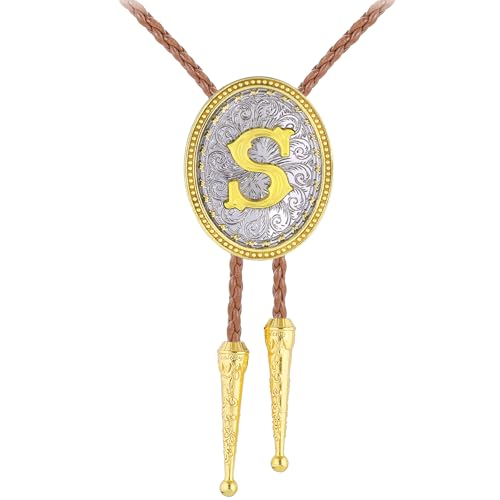 GelConnie Cowboy Bolo Tie Gold Initial Letter S Brown Leather Necktie Men