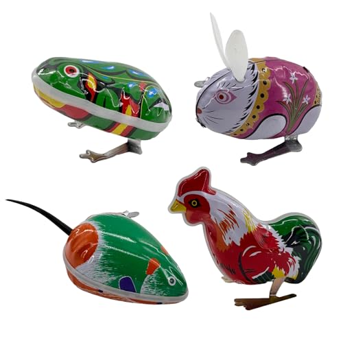 Halloluck 4 Pcs Clockwork Spring Wind Up Metal Jumping Frog Cock Rabbit Mouse Retro Vintage Wind-up Animal Party Favors Desktop Decor