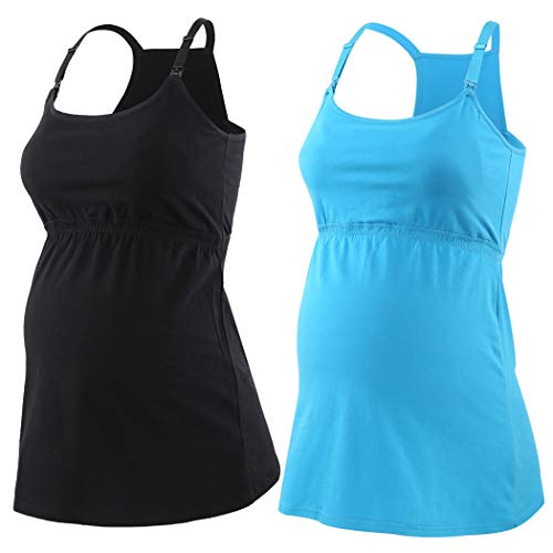 Kuci Maternity Nursing Tank Top, Women Maternity Cami Nursing Sleep Bra Breastfeeding Tops For Pregnancy (Small, Black+Grey+Lake Blue/3Pack) #TOP3