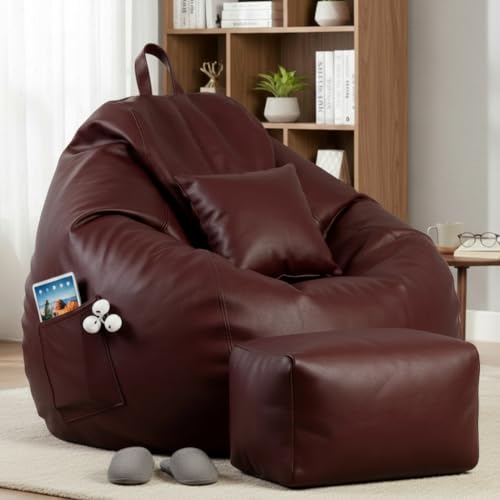 Image of KAM'S LIEU 5XL Luxury Faux Leather Bean Bag with Footrest & Cushion | Pre-Filled High-Density Polystyrene Beans | Premium Leatherette | 6 Months Warranty Color- (Maroon, with Footrest)