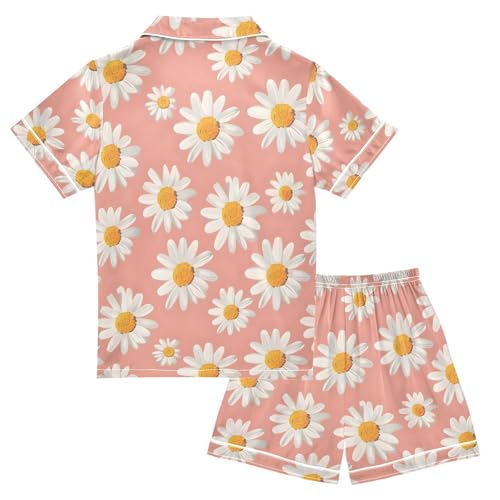 ALAZA Colored Daisy Blossom Pajamas Satin Pajama Set Short Sleeve Button Down Sleepwear2
